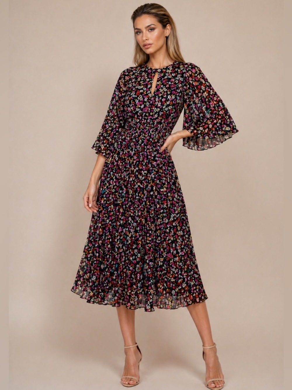 H&M Black Floral Pleated Chiffon Midi Dress Size 10